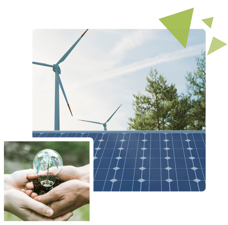 Composizione di energia eolica fotovoltaico e piantumazione.
